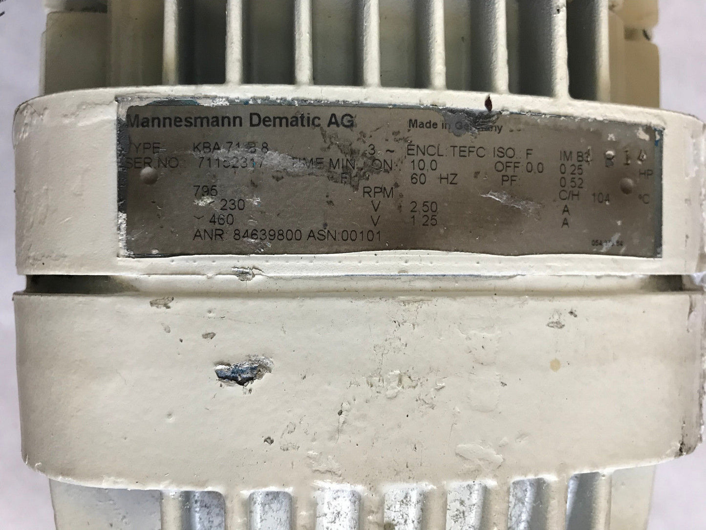 Mannesmann Dematic Ag Kba71b8 Demag Ac Motor,230/460 Vac,1/4 Hp,3Ph,795 Rpm,Ah