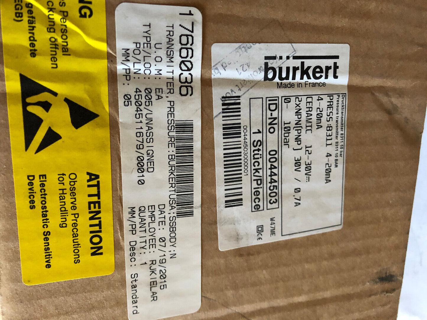 New Burkert 00444503 Pressure Transmitter. 4-20Ma Ceramic 0-10Bar,Ct