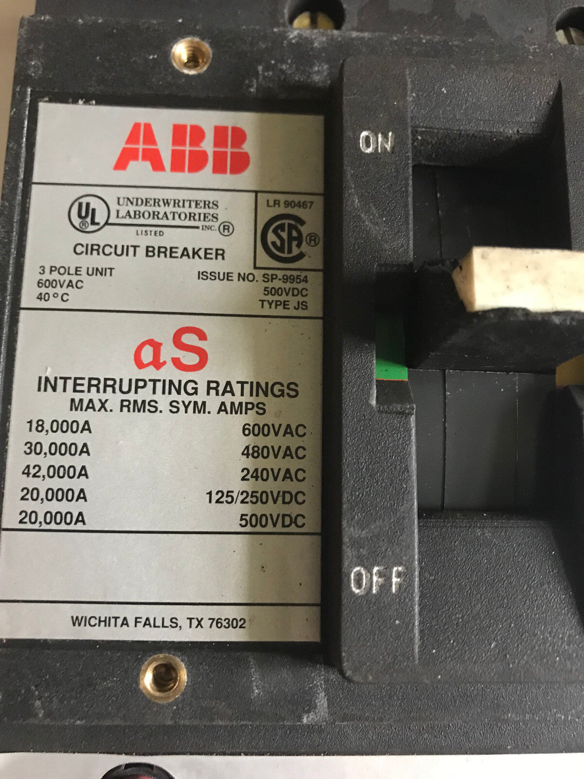 Abb Sp-9954 Circuit Breaker,400 A,3-Pole,600 Vac/250 Vdc,Abb Js,Cu7al 75C,Ta,Aa