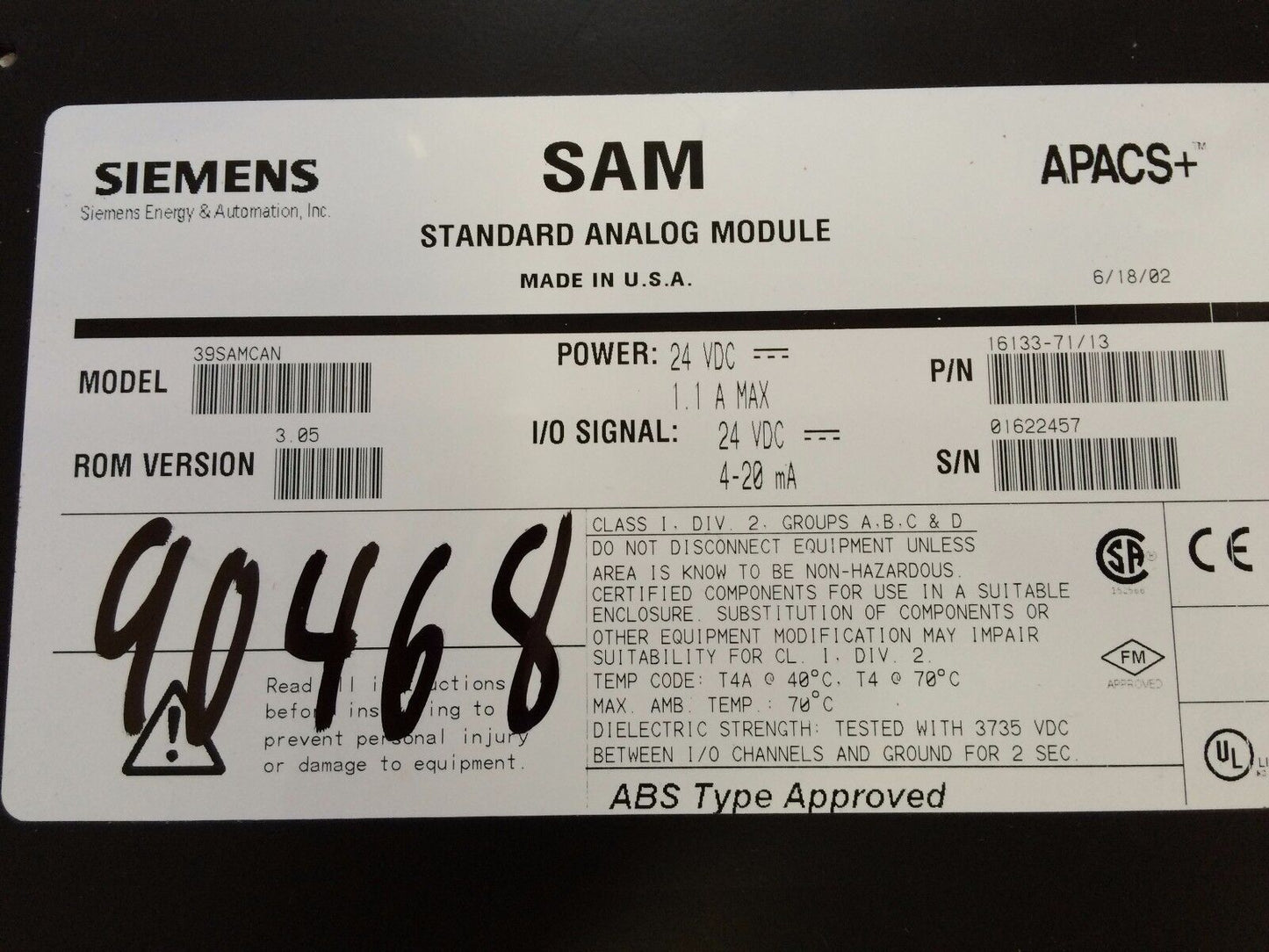 Siemens 39Samcan Apacs+,Sam,16133-71/13 Analog Module 24Vdc 1.1Amp 4-20Ma,Ei