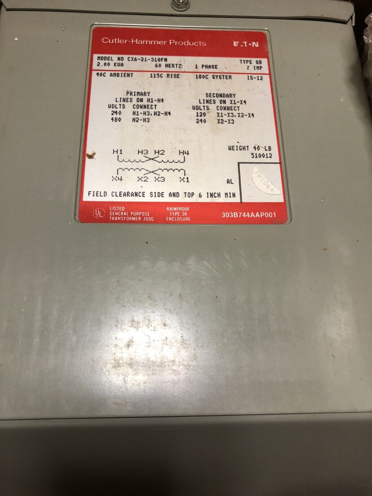New Cutler Hammer Cx6-21-310Fn 2Kva 240X480v Pri 120/240V Transformer,Eg