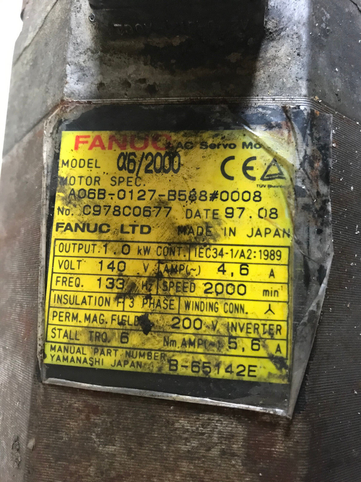 Fanuc A06b-0127-B588#0008 Ac Servo Motor,A6/2000,1Kw,3Phase,140V Rpm 2000,Ac