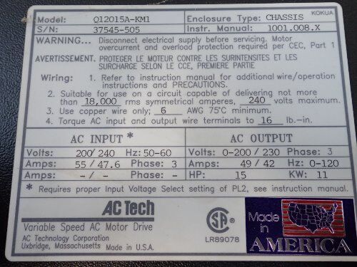 Ac Tech Q12015a-Km1 Variable Speed Ac Drive, 15 Hp, 3-Phase, 200/240 V,Ei,Ez