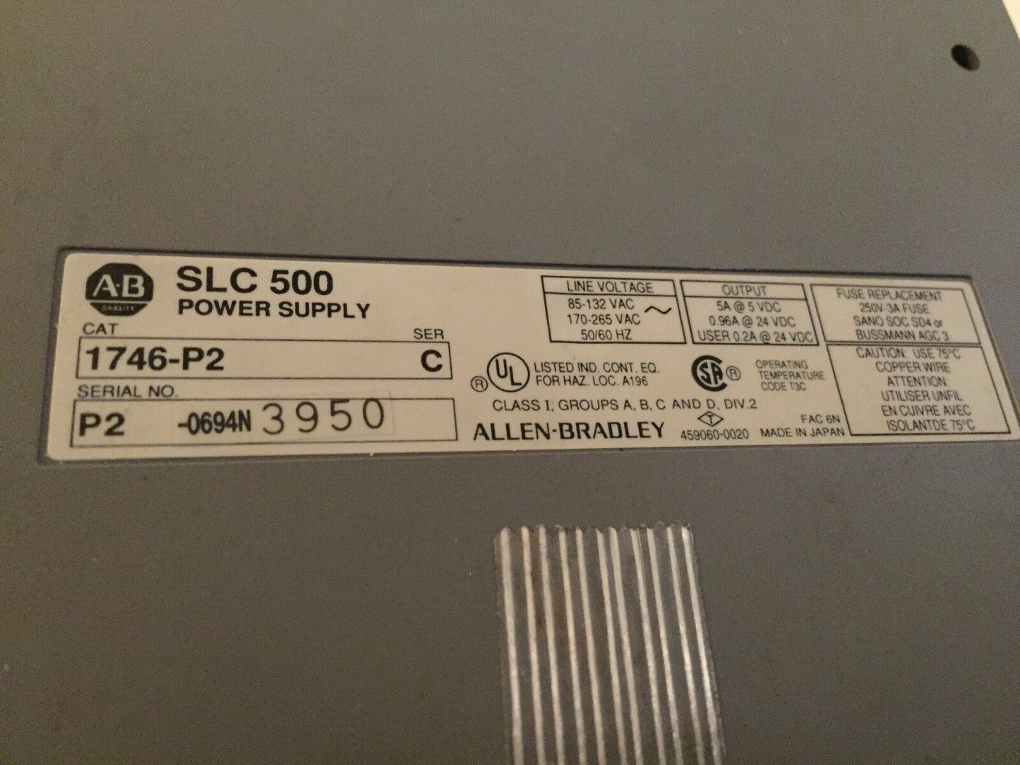 Allen Bradley 1746-A10,1746-P2 Slc-500,1746-P2,5/01 Cpu,Triaci/O's,1747-L511,Ch
