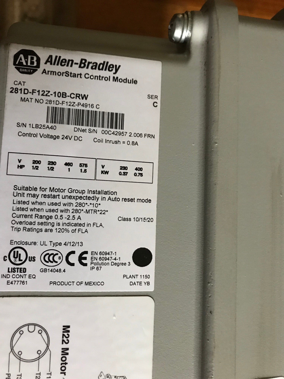 Allen Bradley 281D-F12z-10B-Crw Armorstart Control Module 280D-Fn-10-C Base