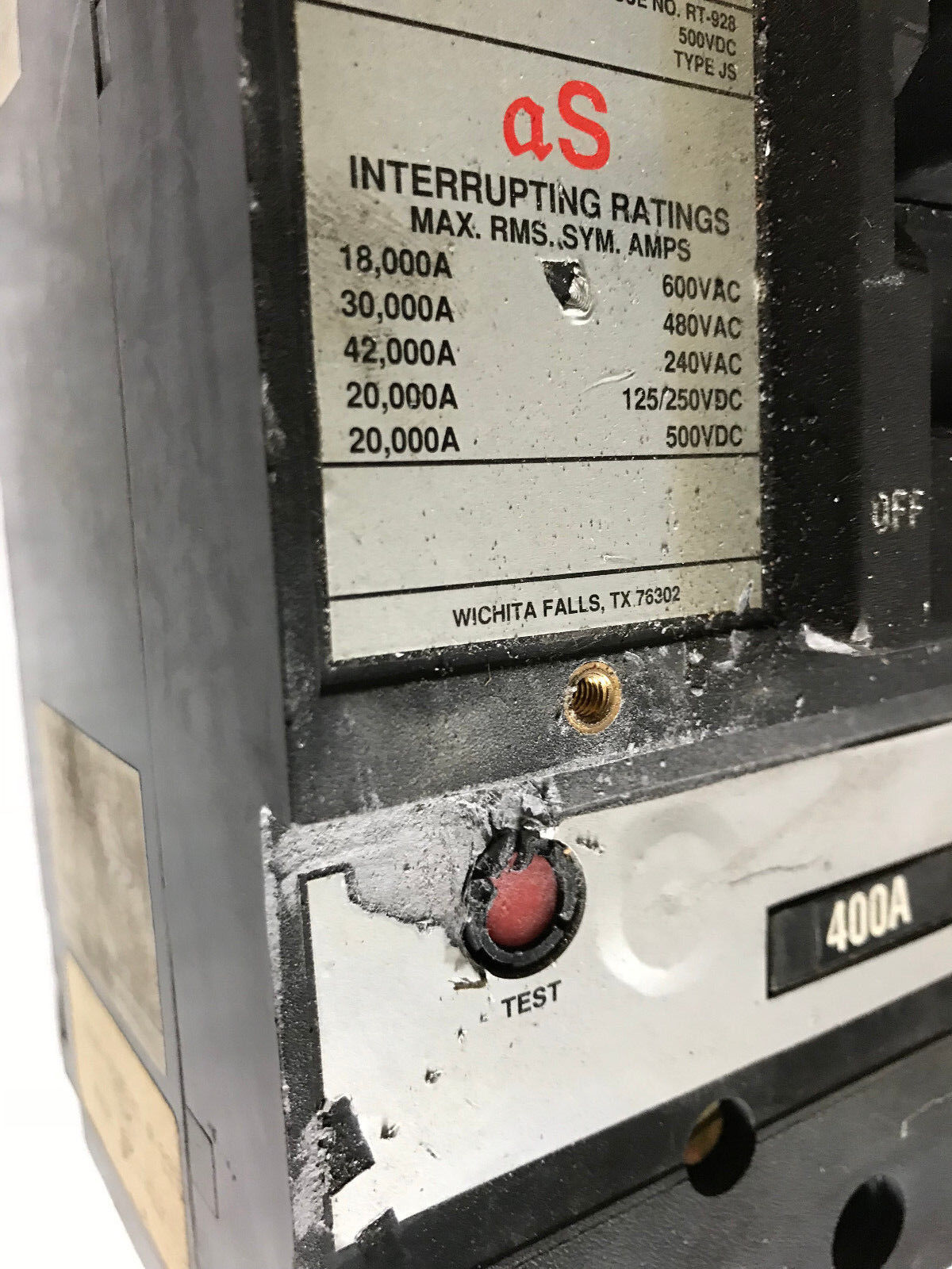 Abb Rt-928 Circuit Breaker,400 A,3-Pole,600 Vac/500 Vdc,Abb Type Js,Cu7al 75C,Ta