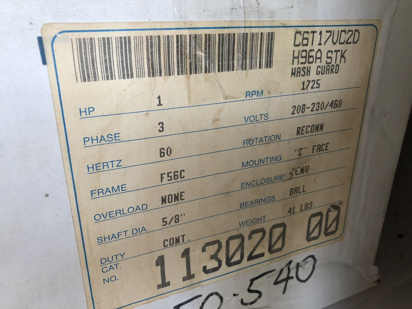 Leeson C6t17vc2d, 113020.00 Leeson Electric Co Motor 1Hp.1725Rpm.56. 3Ph,Tb