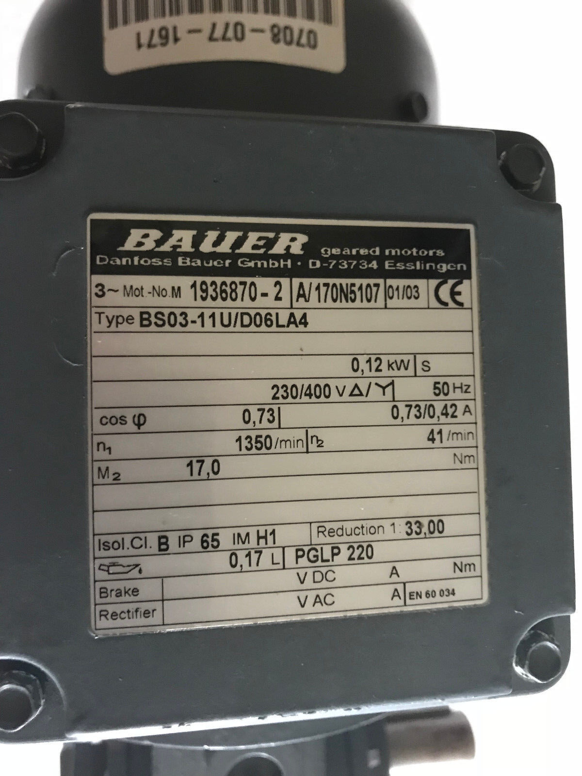New Bauer Bs03-11U/D06la4 Electric Gear Motor 33:1 Ratio, .12 Kw 1936870-2,Ag