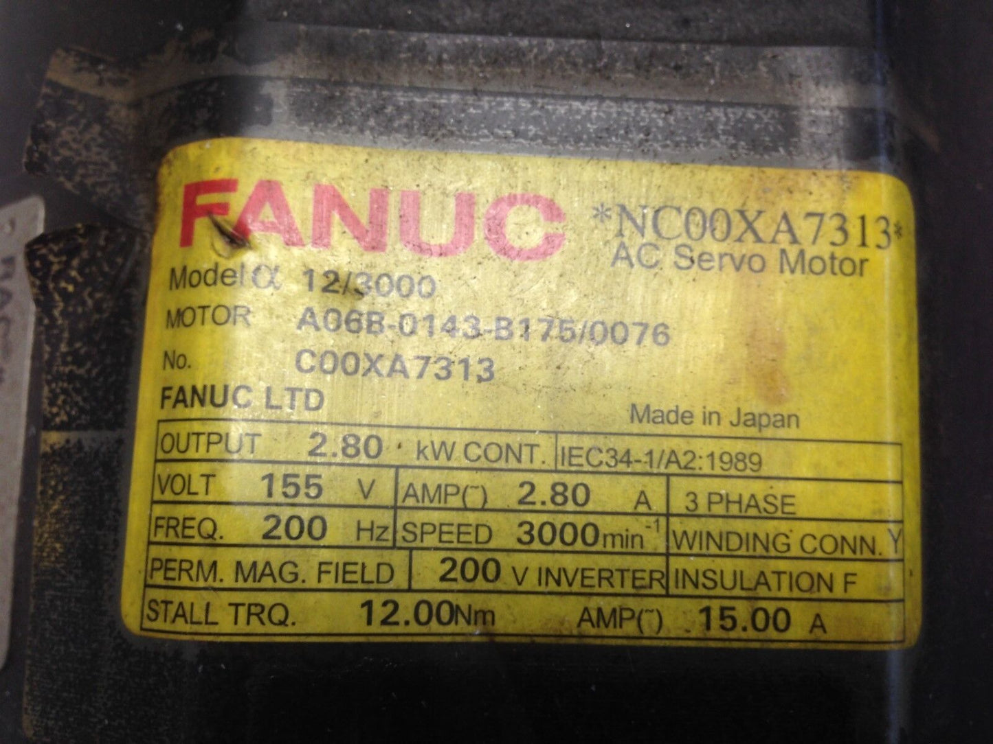 Ge Fanuc 12/3000,Fanuc A06b-0143-B175/0076 Ac Servo Motor,3Ph,155V,Rpm 3000,Te