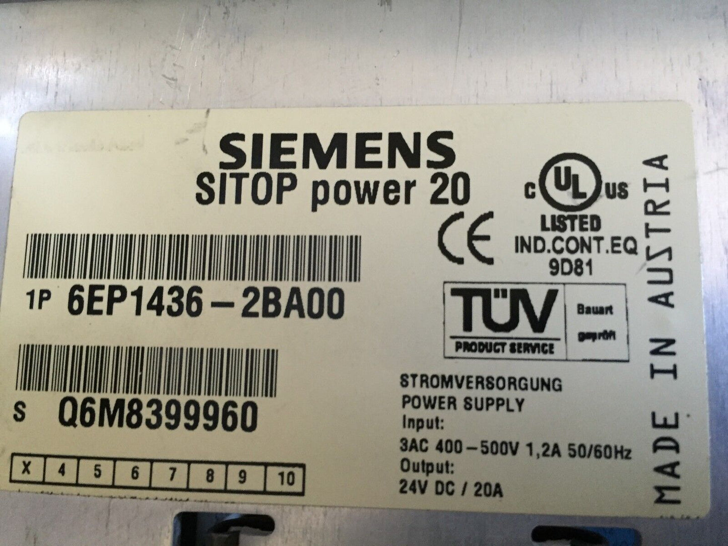 Siemens 6Ep1436-2Ba00,Sitop 20 Power Supply 20A,24Vdc W/O Front Case,Td