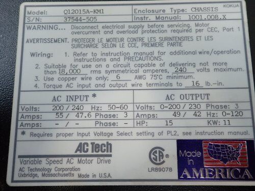 Ac Tech Q12015a-Km1 Variable Speed Ac Drive, 15 Hp, 3-Phase, 200/240 V,Ek