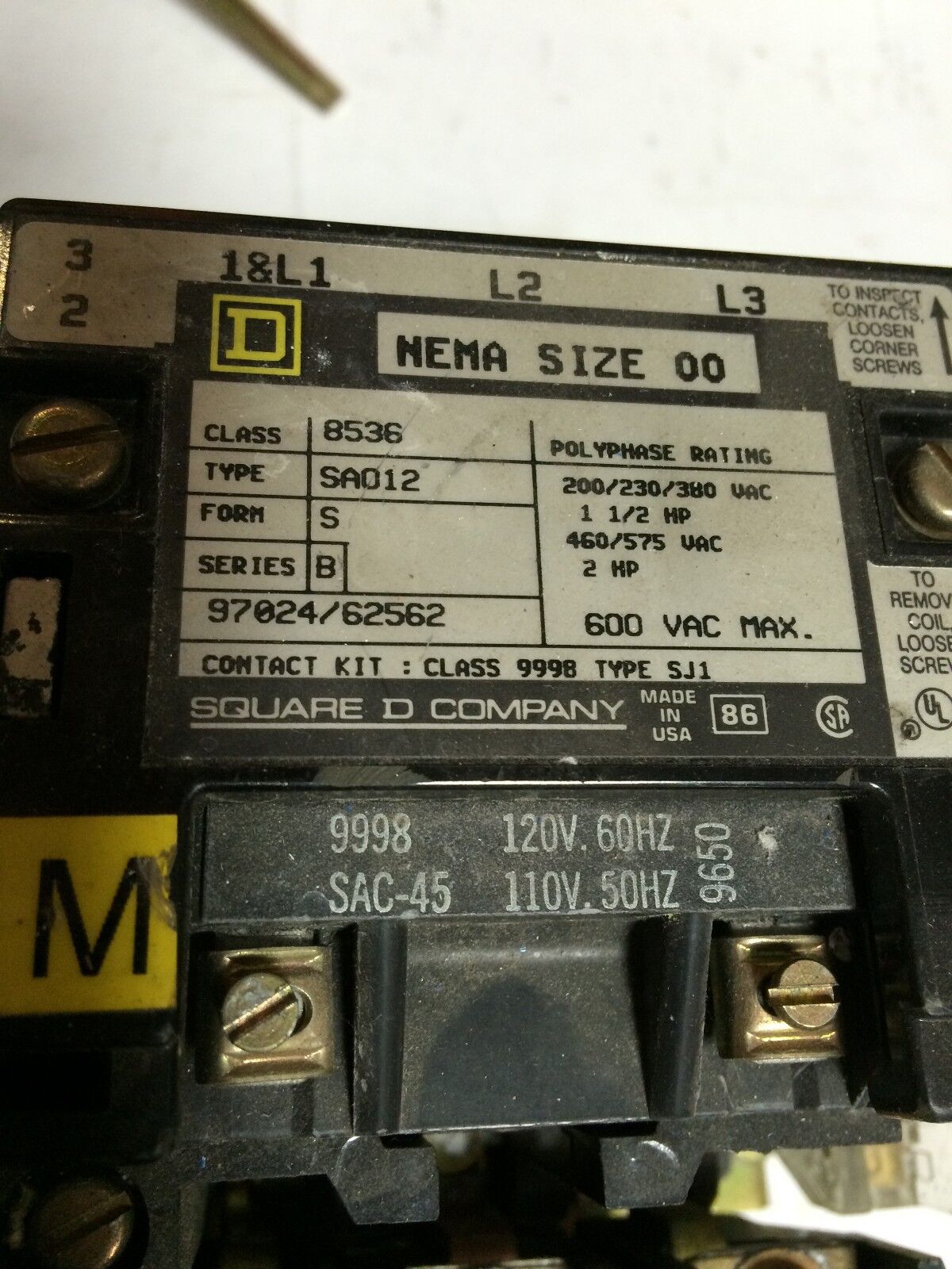 Square D Nema 00 Magnetic Motor Starter Class 8536 Sa012,8536 Sao12 3Ph 120V,Bq