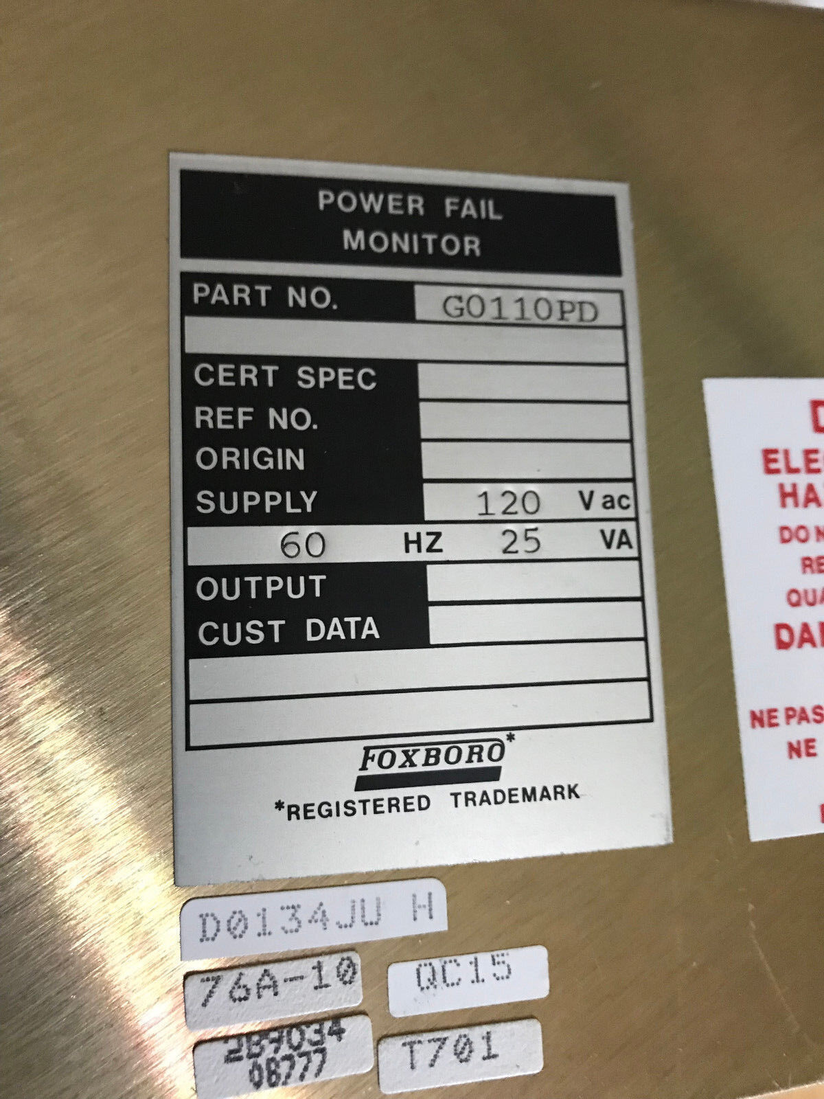 New Foxboro G0110pd Power Fail Monitor 120 Vac 60 Hz,Eo