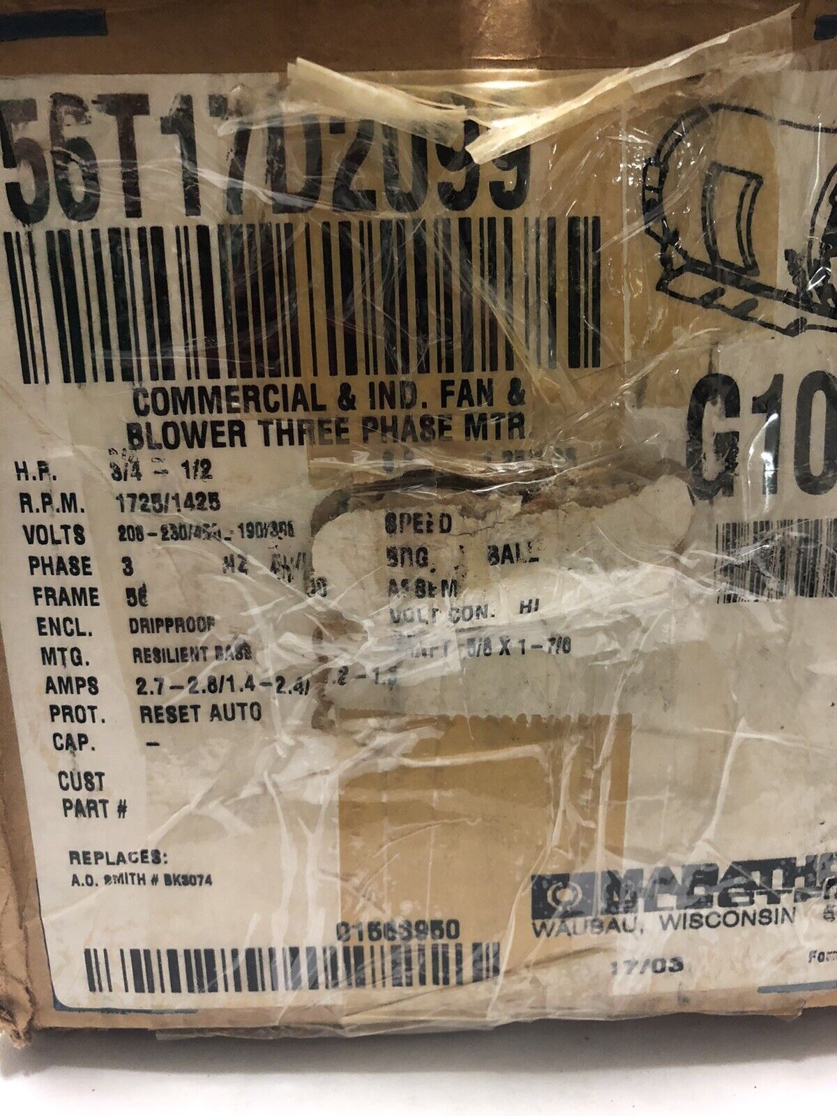 New Aql56t17d2099f P Marathon Electric Aql56t17d2099 Cat No-G101 3/4Hp,Ez