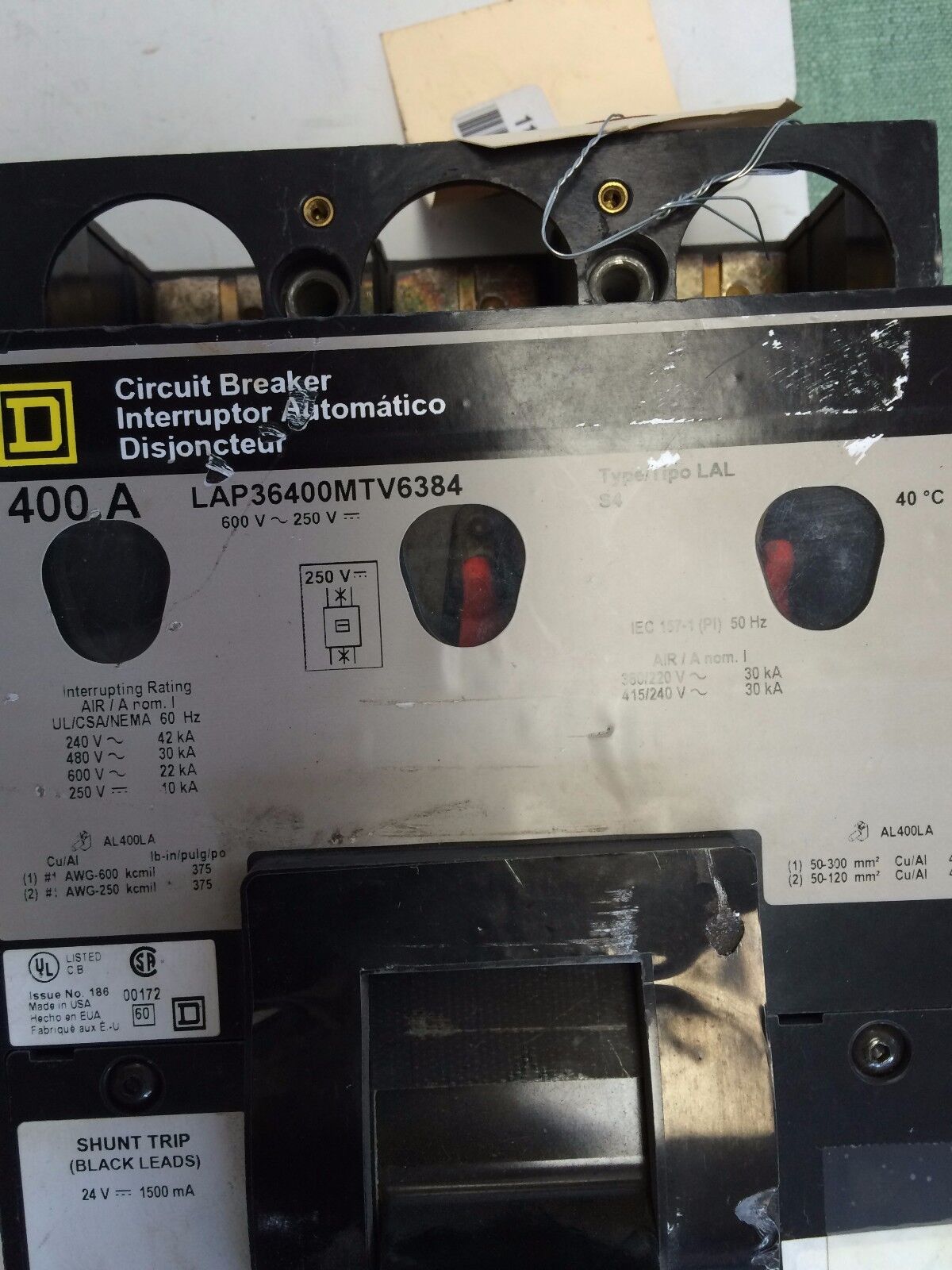 Square D Lap36400mtv6384 Circuit Breaker, 3-Pole, 400A, 600Vac/250Vdc,Co,Ex