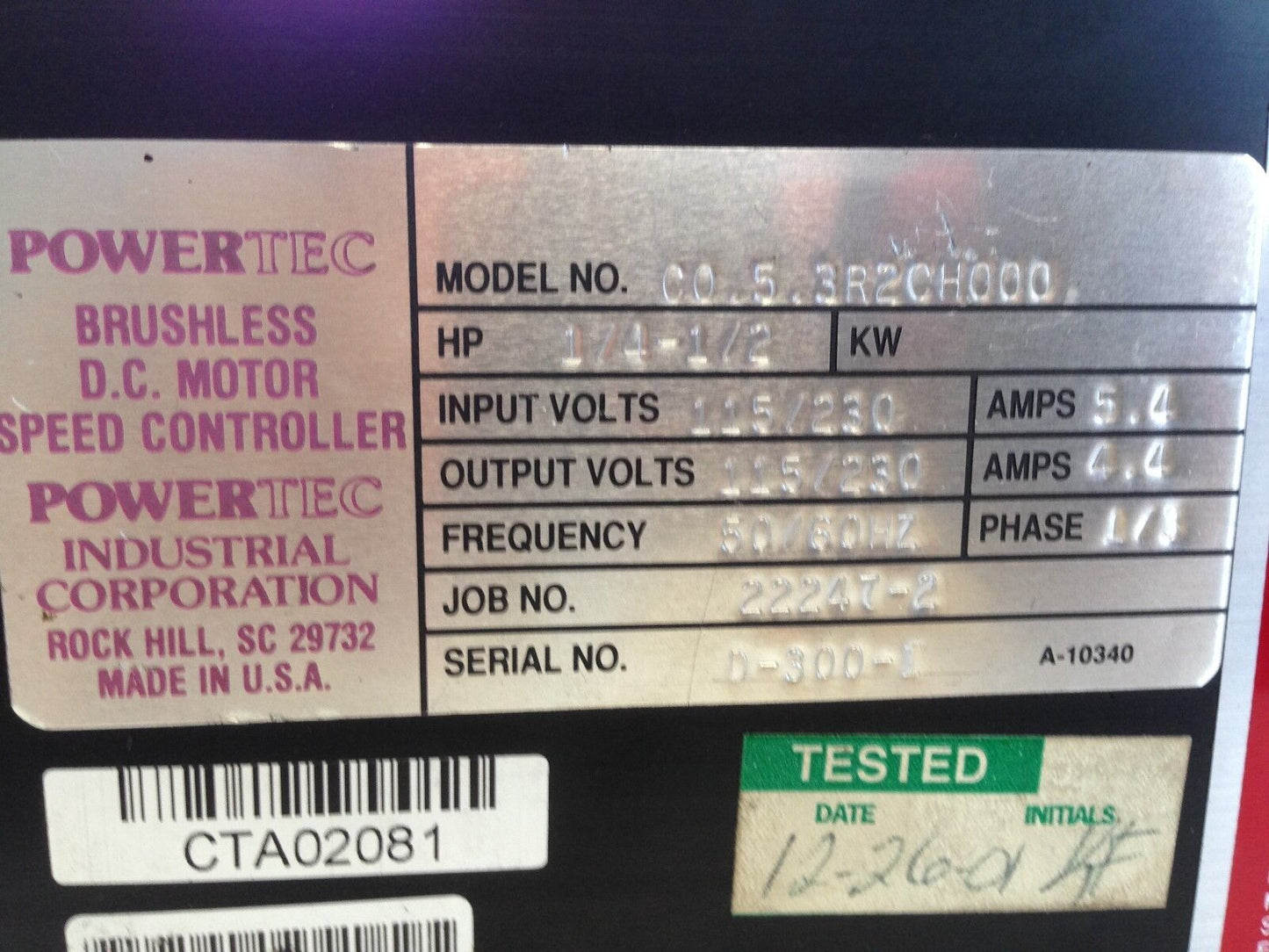 Powertec 4000-170150-003,C0-5-3R2ch000 Controller,4.4 A 1/4-1/2Hp 300 Regen,Fa