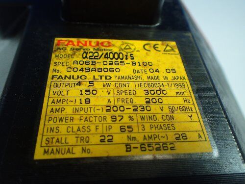 Fanuc A06b-0265-B100 Ac Servo Motor 3000Rpm 150V 4.5Kw,A860-2000-T301,Tg