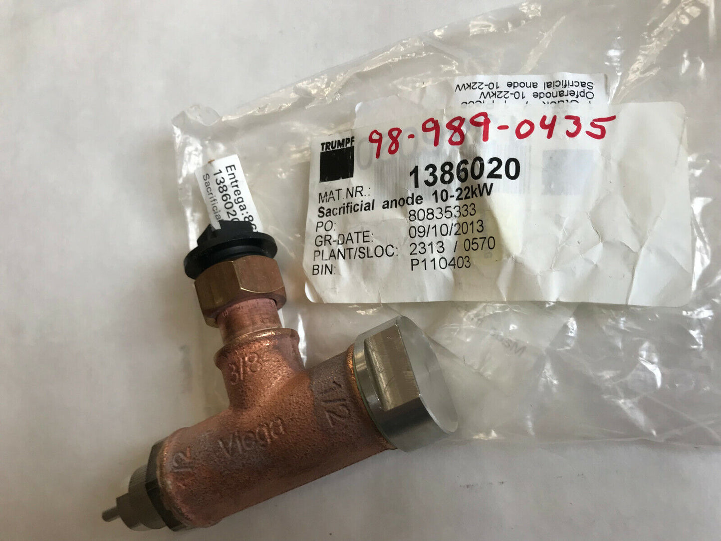 New Trumpf 1386020 Sacrificial Anode. 10-22Kw,Viega Dvgw Bii,Ce,1/2 Viega 3/8,Sd