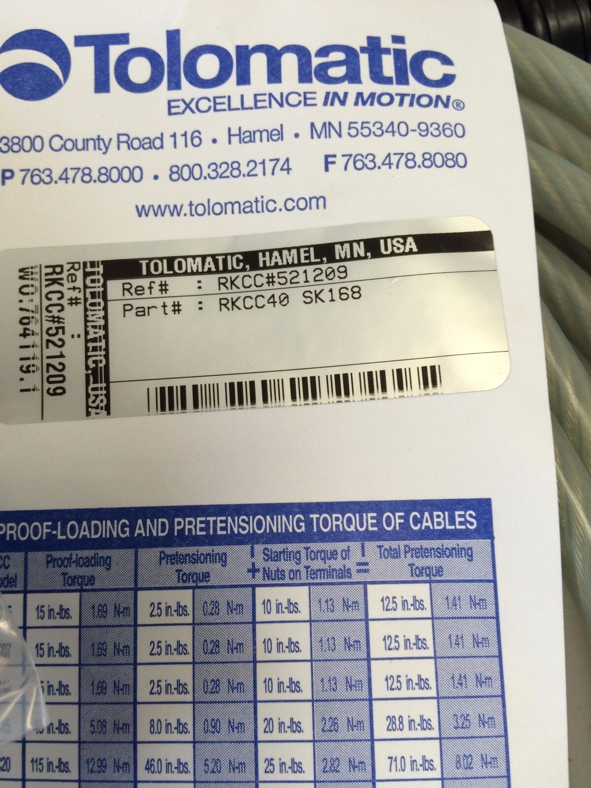 New Tolomatic Rkcc40 Sk168 Servo/ Encoder Cable,Cg