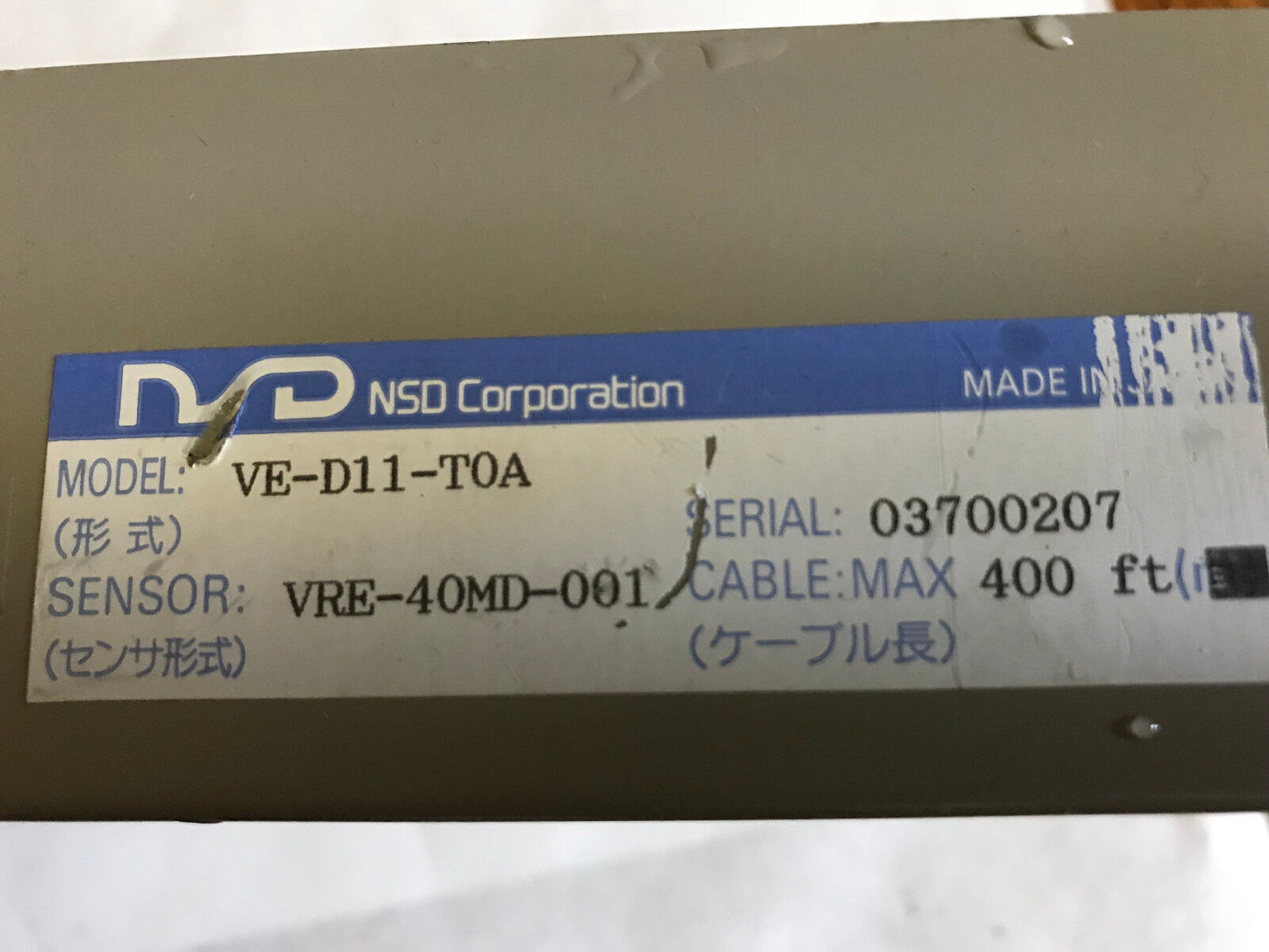 Nsd Ve-D11-T0a Position Sensor Control Ve-D11,Vre-40Md-001 Cable Max 400Ft,Ep