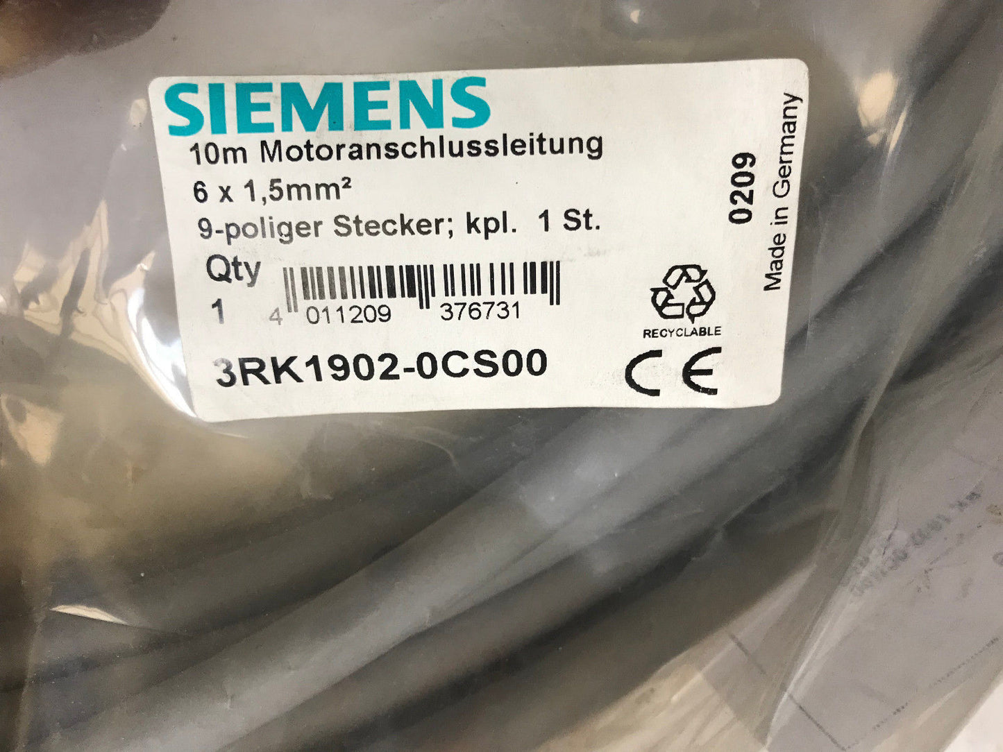 Siemens 3Rk1902-0Cs00 Servo Motor Cable Supply Cordset,9Pole Harting 22288 Ce,Et