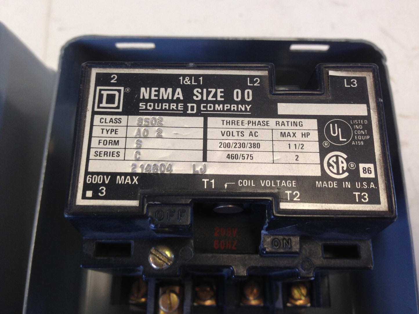 New Square D Nema Size 00 A02 Starter 8502 Ao2,208V Coil,8502 A02,1 1/2Hp,Fl