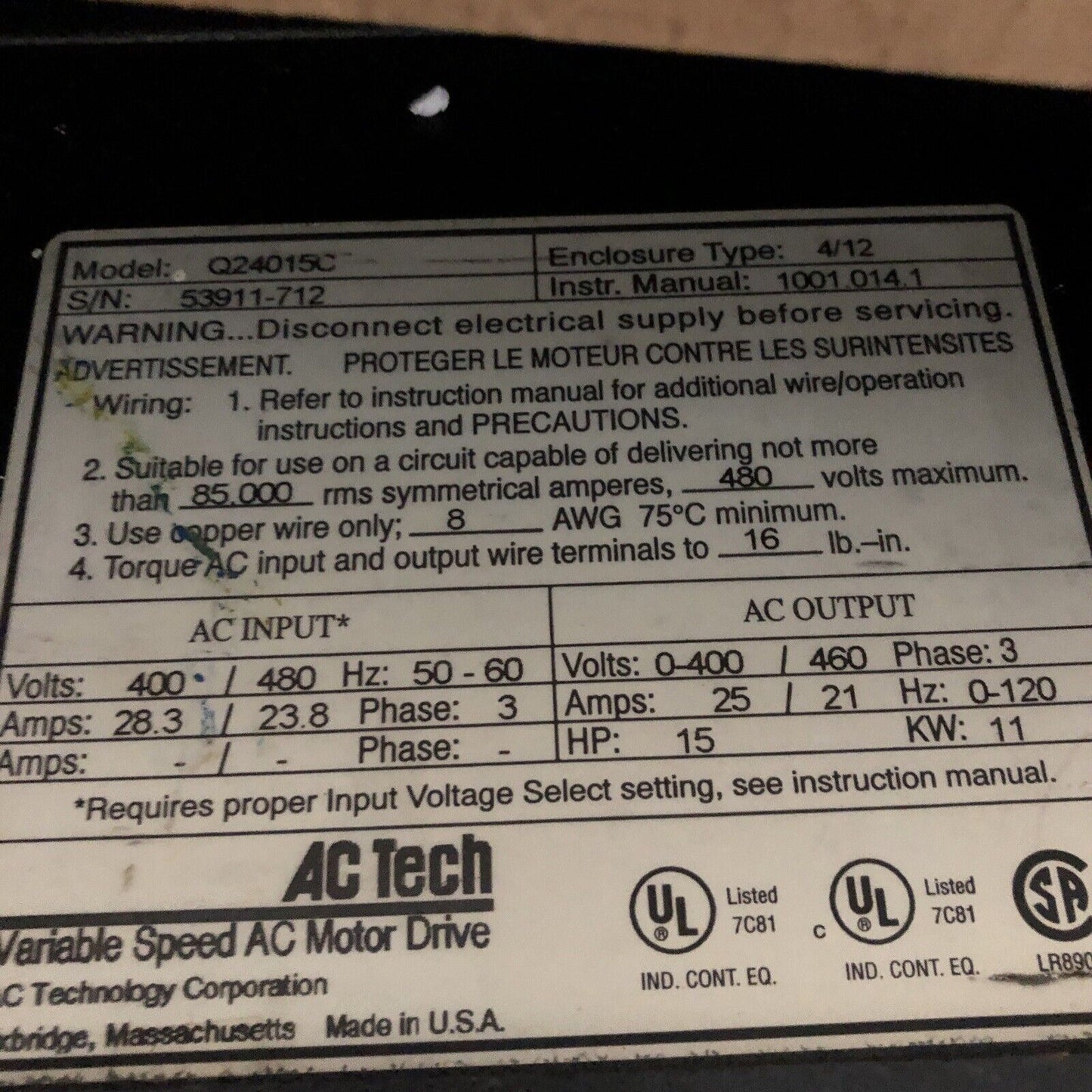 Ac Tech Q24015c Ac Motor Drive,Variable Speed, 3-Phase, 400/480V, 15 Hp,Bo
