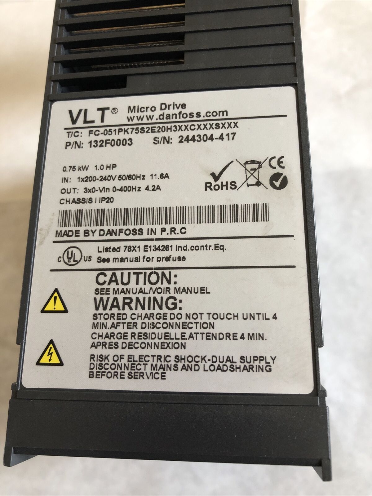 New Danfoss 132F0003 Vlt Micro Drive, 1 Hp, 3-Phase, 200-240 V, Fc-051Pk,Fi