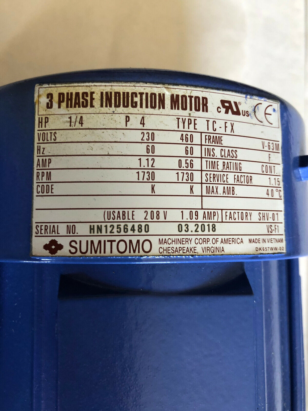 New Sumitomo Cnvm02-6105Yb-119,Pa247876 3-Phae Induction Motor,1/4Hp,Ratio119,Fe