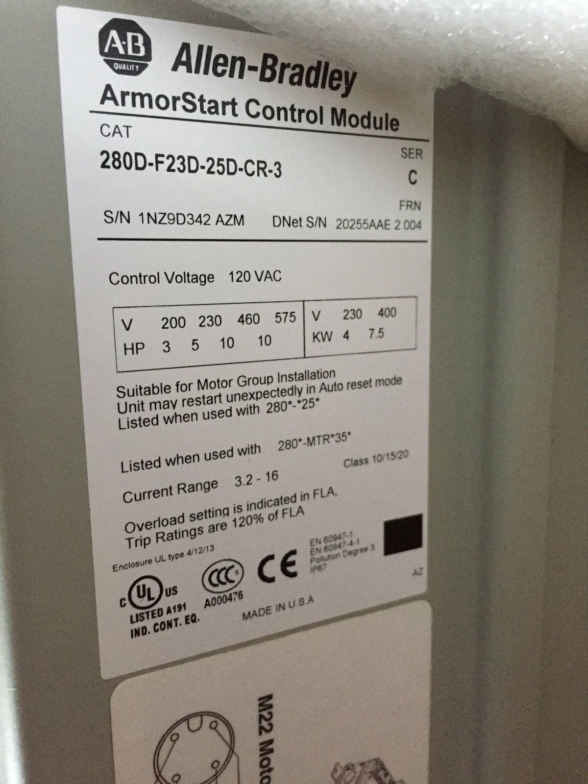New Allen Bradley 280D-F23d-25D-Cr-3,280D-Fn-25-C,280D Armorstart Control,Ao