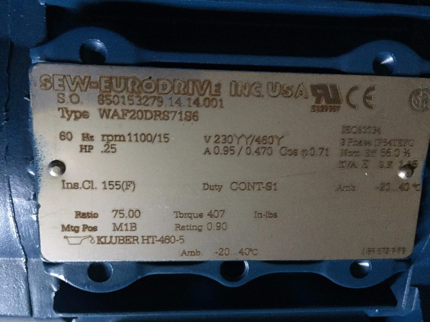 New Sew Eurodrive Waf20drs71s6,Kluber Ht-460-5 Gear Drive,.25 Hp,3Ph,Br