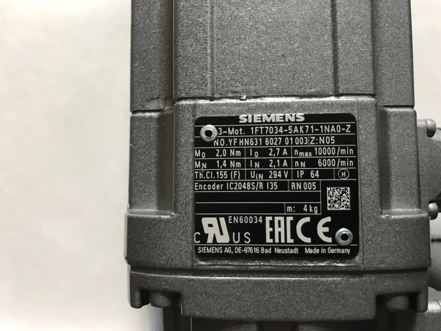 Siemens 1Ft7034-5Ak71-1Na0-Z Servo Motor,3 Mot 1Ft70345ak711na0z,Yfhn631 6027,Sc