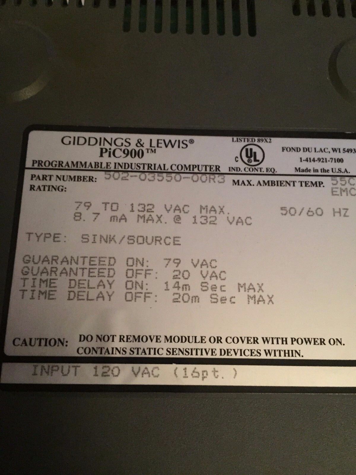 Giddings & Lewis Pic900,502-03550-00R3,Input Module 120Vac 16Point,Cu