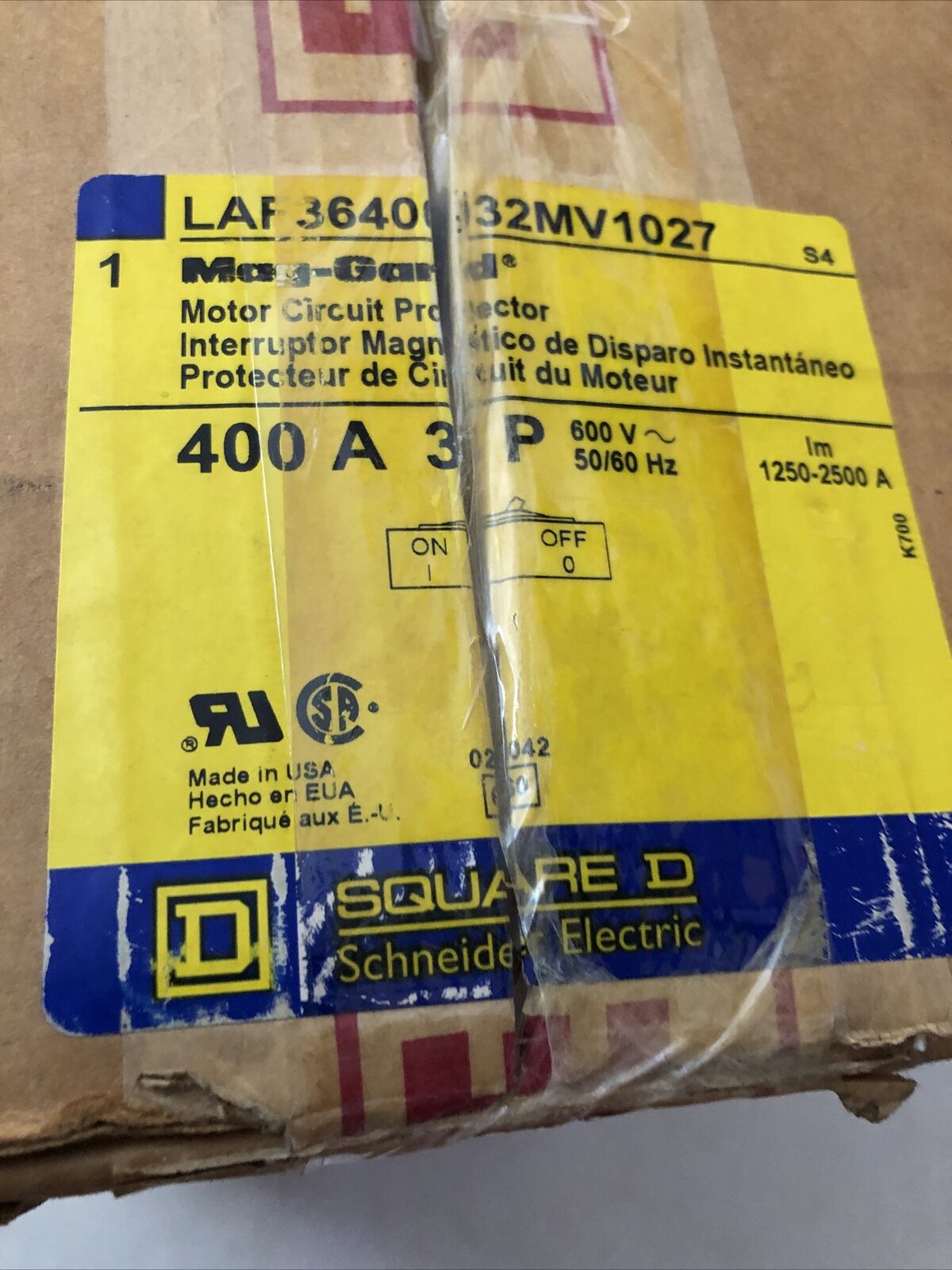 New Square D Laf3640032mv1027 Circuit Breaker 400Amp 600V Molded Case,400A,Cs