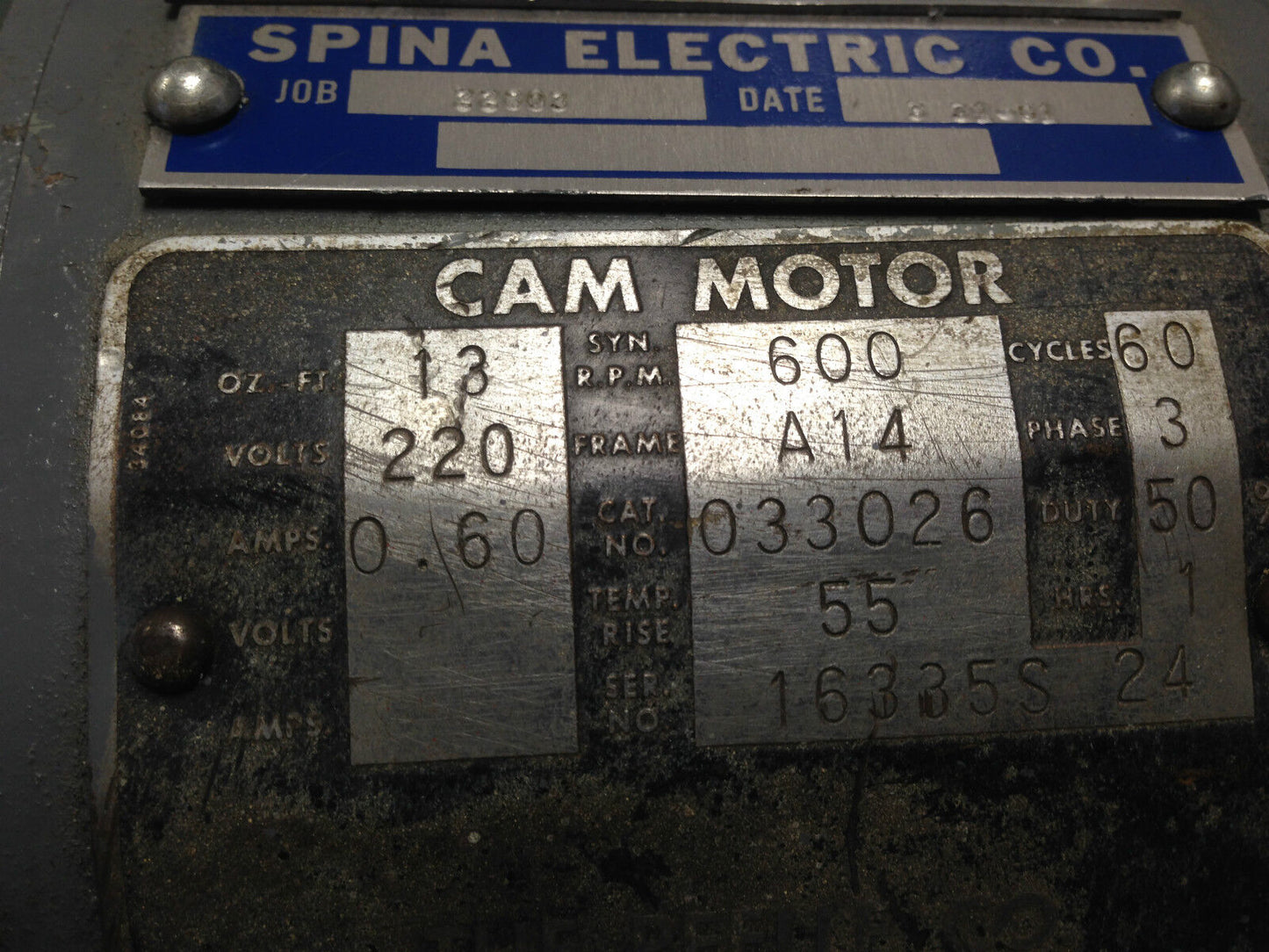Spina 22803,Mtr00616-1, Spina Mtr00616-2,Peelle 033026 Cam Motor,220Vac,3Ph,Eg