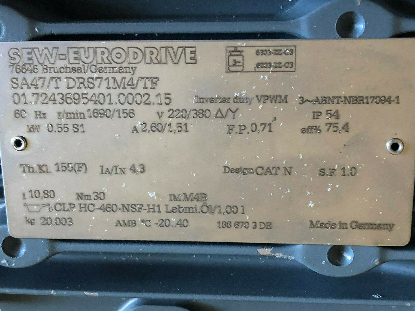 New Sew Eurodrive Sa47/T Drs71m4/Tf Ac Gearmotor. Inverter Duty,Sa47,Sj