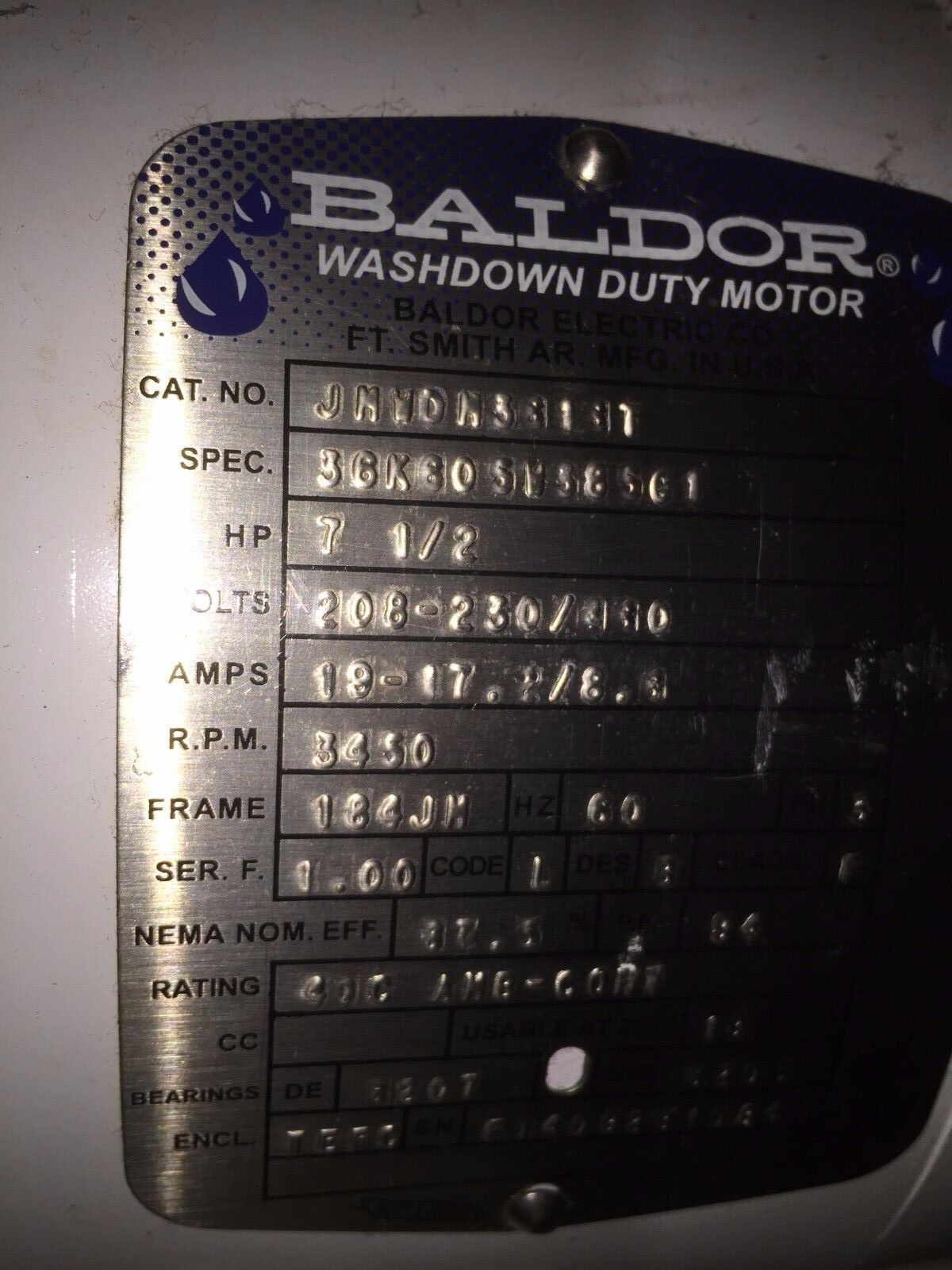 Baldor 36K80sw385g1,Jmwdm361xt,Balder Jhvdh3613t,7-1/2Hp Washdown Duty Motor,Al