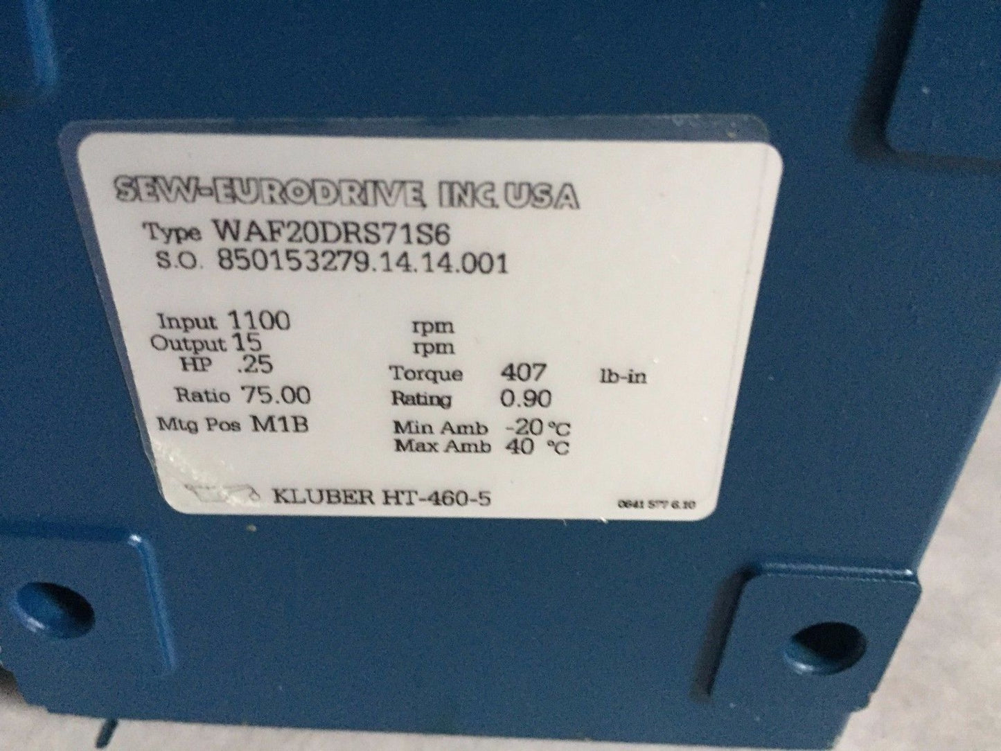 New Sew Eurodrive Waf20drs71s6,Kluber Ht-460-5 Gear Drive,.25 Hp,3Ph,Br