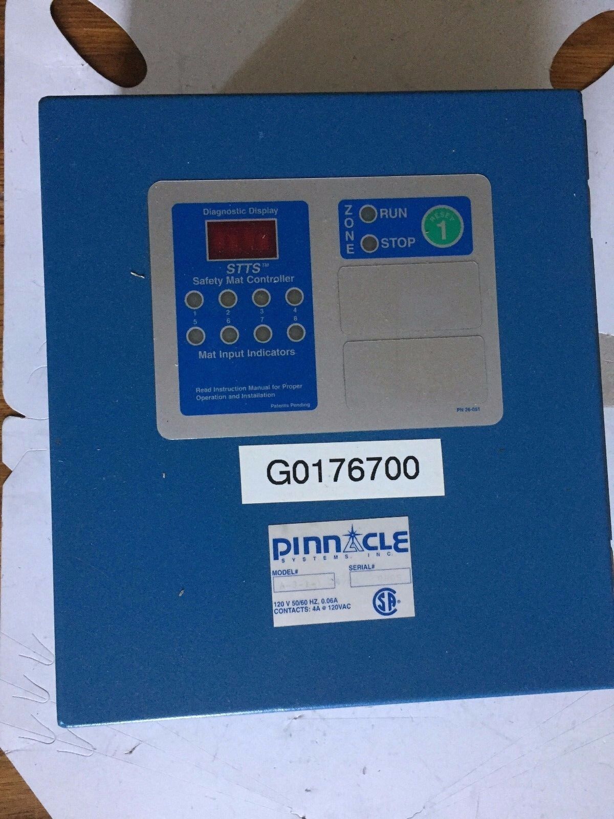 Used Pinnacle A-3-1-1 24Vdc,120V,52-112R2 Safety Mat Controller G0176700,Boxac