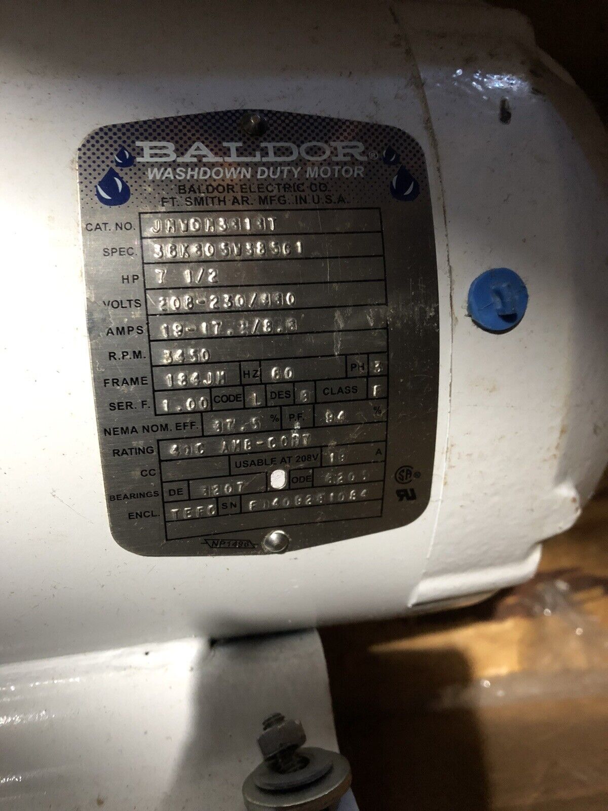 Baldor 36K80sw385g1,Jmwdm361xt,Balder Jhvdh3613t,7-1/2Hp Washdown Duty Motor,Al