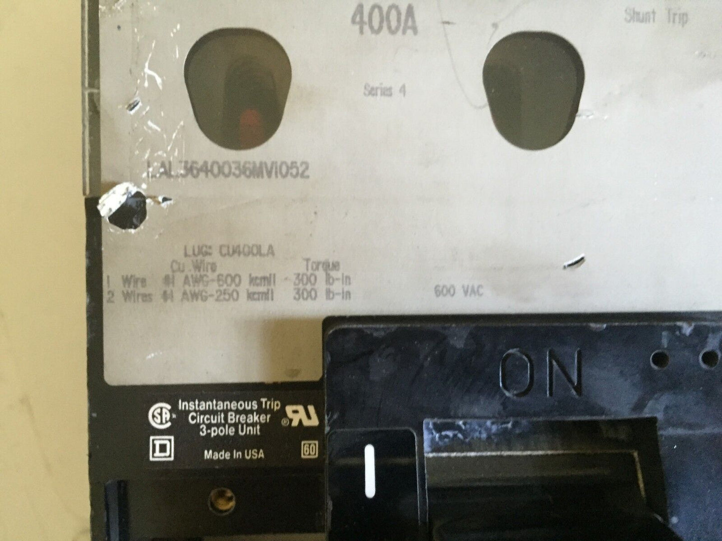 Square D Lal3640036mvi052 Circuit Breaker 400Amp 3Pole 600Vac,400A,3Phase,Ba
