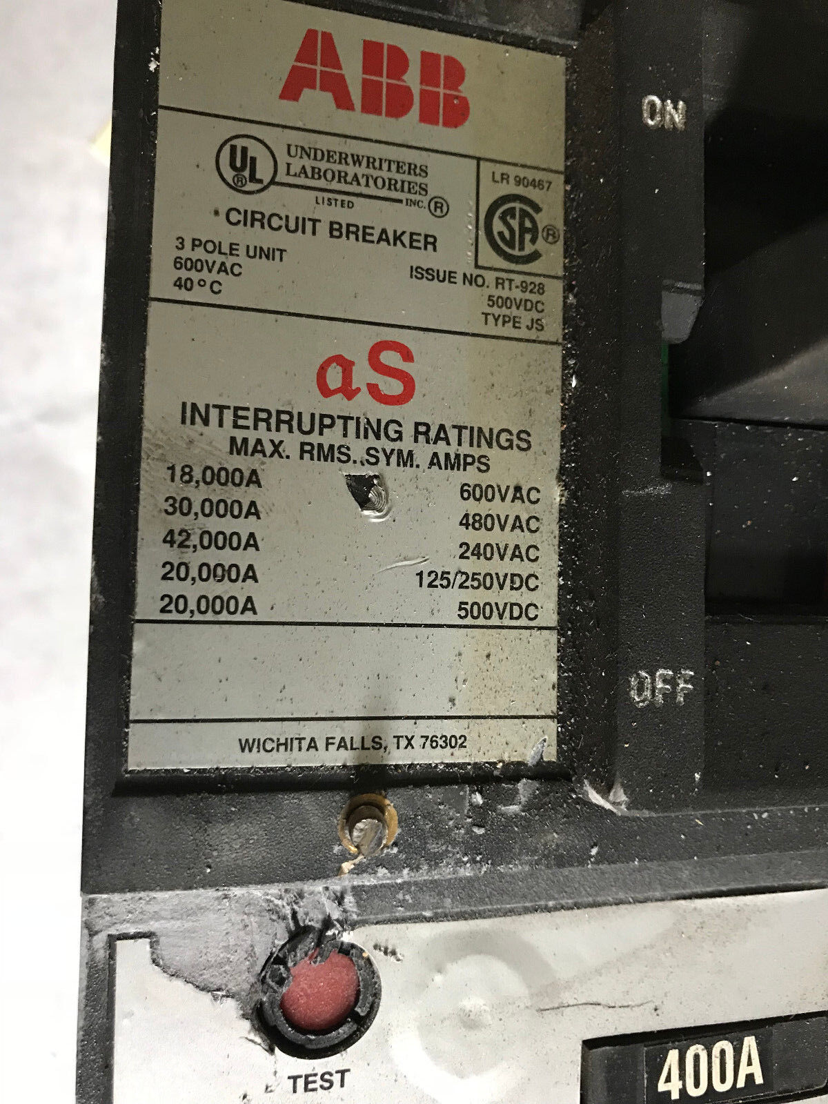 Abb Rt-928 Circuit Breaker,400 A,3-Pole,600 Vac/500 Vdc,Abb Type Js,Cu7al 75C,Ta