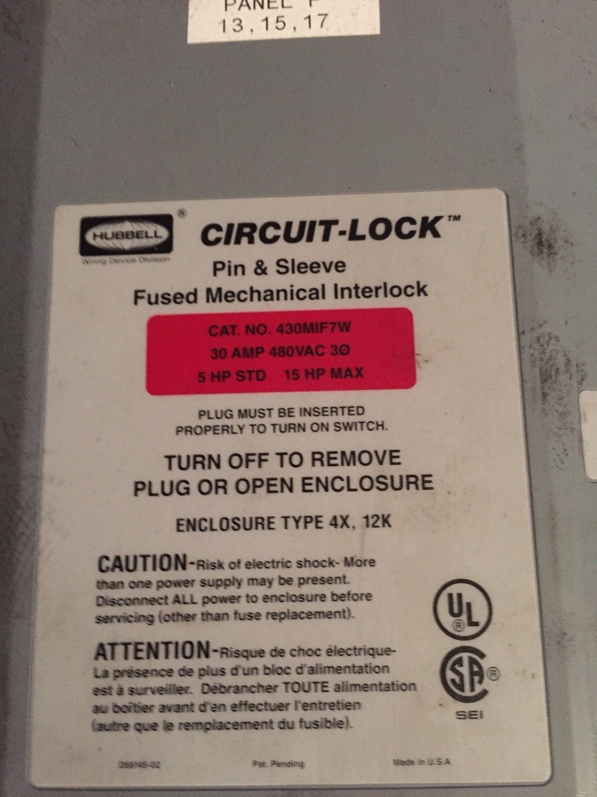 Hubbell 430Mif7w,Hbl430mif7w Fused Receptacle With 430P7w Male Plug,Cg