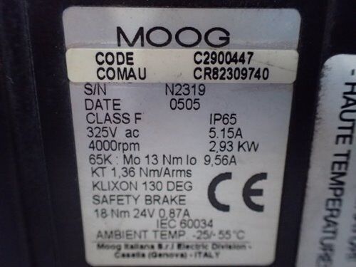 Moog C2900447 Servo Motor,Cr82309740,Ip65,5.15A,4000Rpm 325Vac,To
