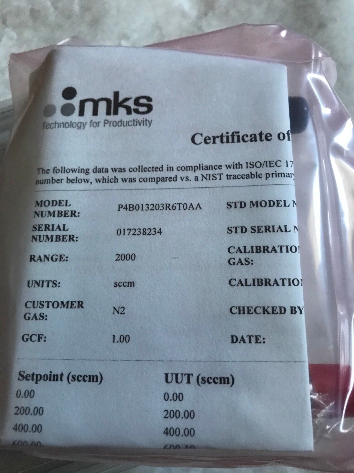 New Mks P4b013203r6t0aa,Mks Mfc Mass Flow Controller Gas N2, 2000 Sccm,,Ef