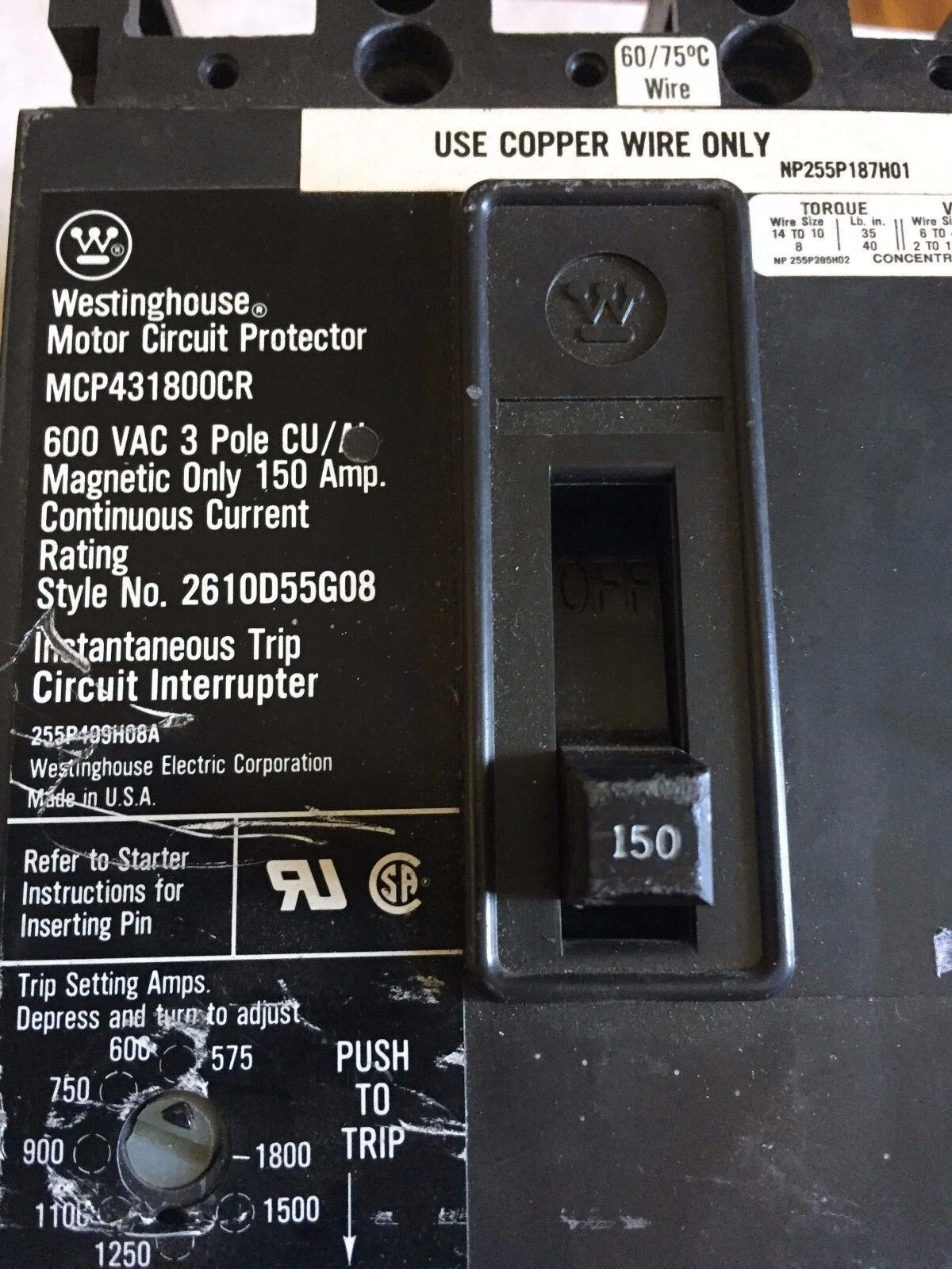 Westinghouse Mcp431800cr,2610D55g08 Motor Circuit Break Protector,150 Amp,Bm