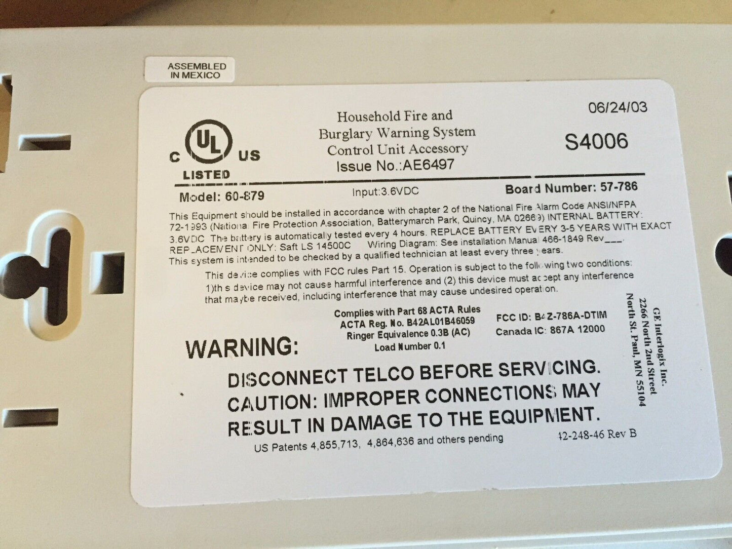 Simon It-80-307-3X Security System General 60-879,S4006,Ge 60-879,So-307-3X,Sb