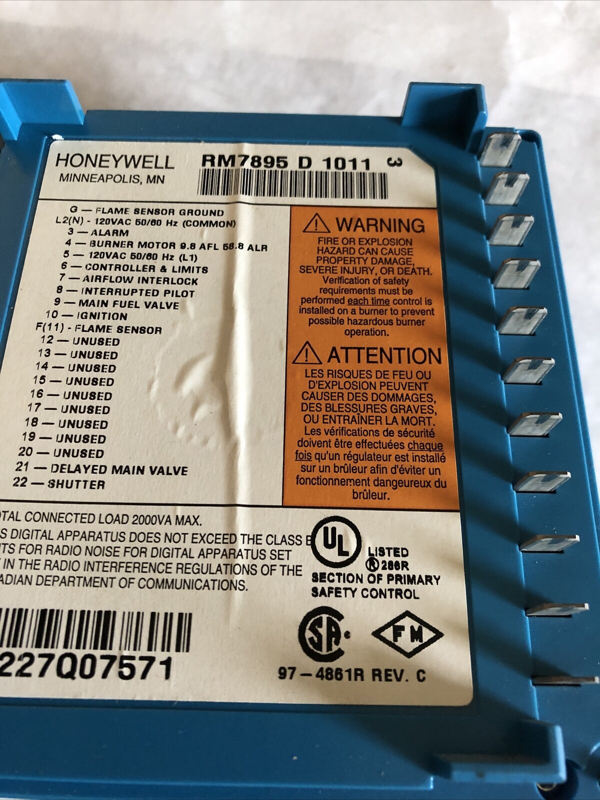 Honeywell Rm7895 D 1011 Burner Control Rm7895d1011,Eg