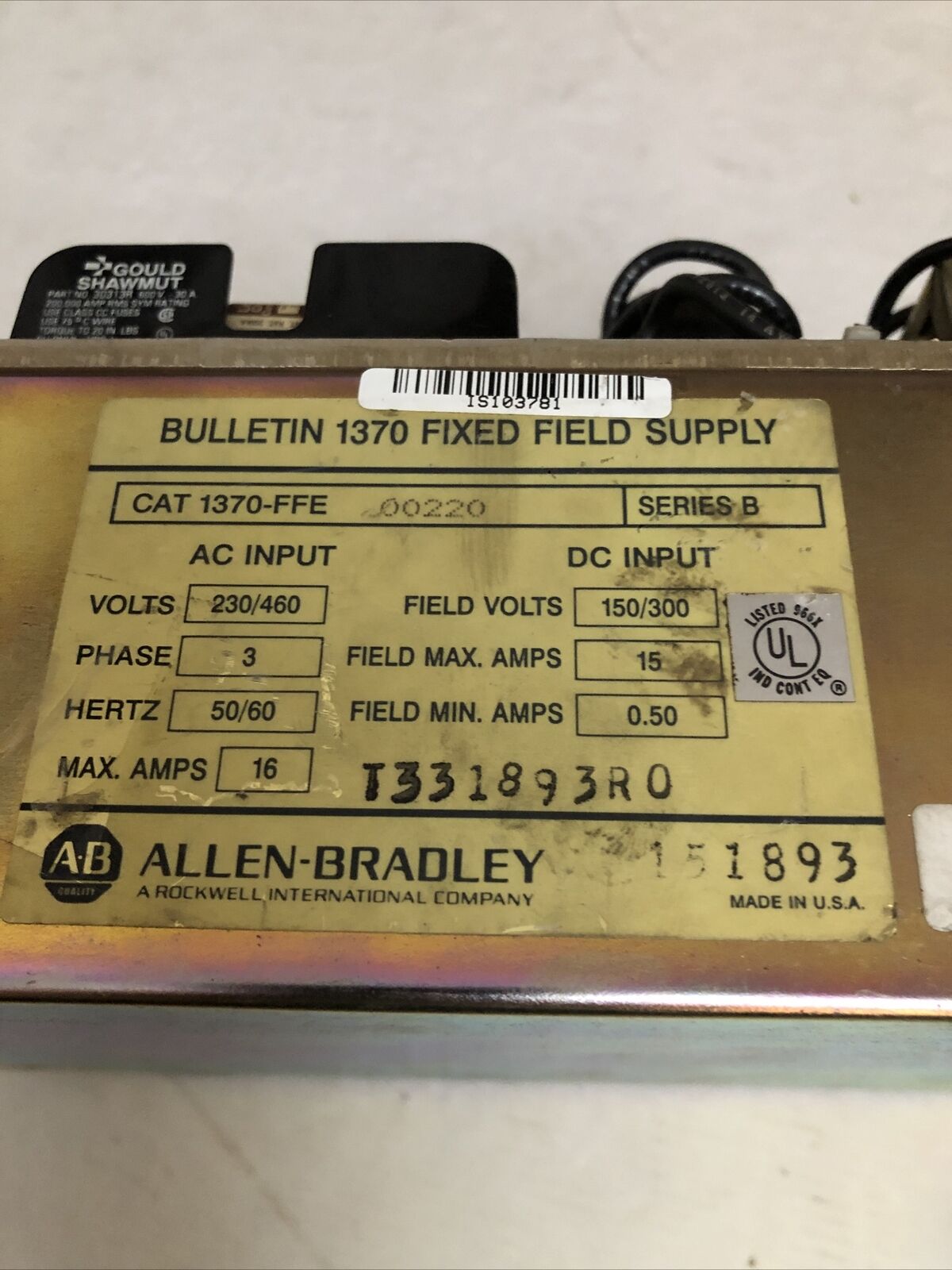Allen Bradley 1370-Ffe 00220 Bulletin 1370 Fixed Field Supply,3Ph,230/460V,Cu