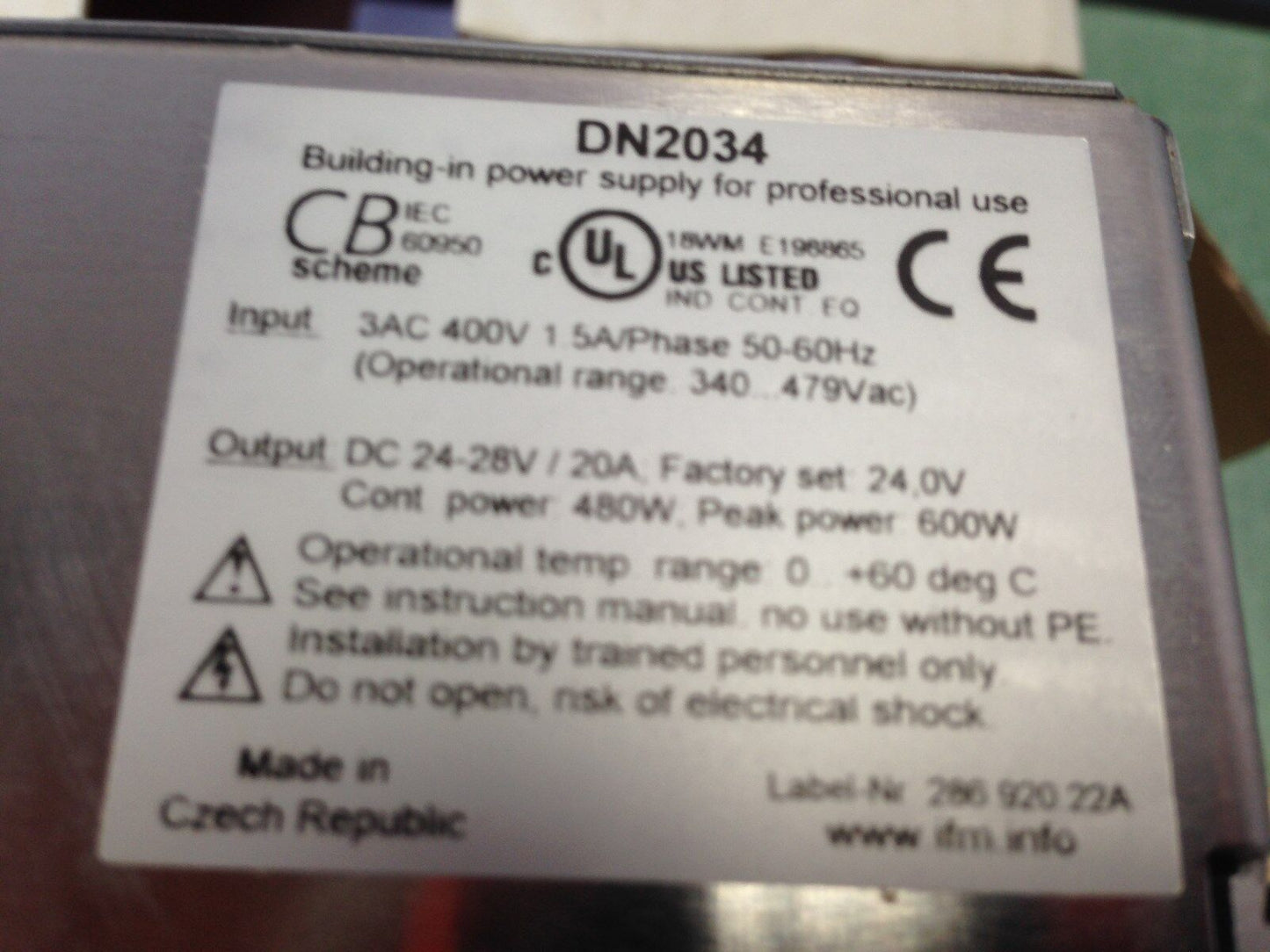 New Ifm Electronic Ecomat 200 Dn2034 Mode Power Supply,3 X 400Vac/ 24Vdc- 20A,Ac